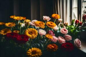 Blumen im das Fenster. KI-generiert foto