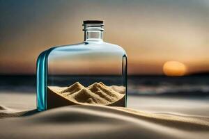 Botschaft im ein Flasche, Sand, Strand, Sonnenuntergang, Sand, Sand Dünen, Sand,. KI-generiert foto