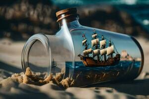 ein Schiff im ein Flasche auf das Strand. KI-generiert foto