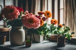 Blumen im Vasen auf ein Fensterbrett. KI-generiert foto