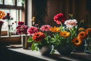 Blumen im Vasen auf ein Tabelle im Vorderseite von ein Fenster. KI-generiert foto