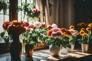 Blumen im Vasen auf ein Fensterbrett. KI-generiert foto