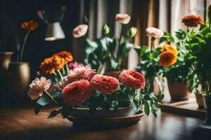 Blumen im ein Vase auf ein Tisch. KI-generiert foto