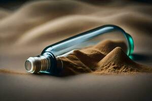 ein Flasche von Sand ist Sitzung auf ein Sand Düne. KI-generiert foto