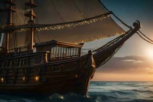 ein Pirat Schiff ist Segeln im das Ozean beim Sonnenuntergang. KI-generiert foto