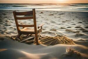 ein schaukeln Stuhl sitzt auf das Sand beim Sonnenuntergang. KI-generiert foto