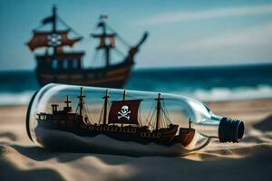 ein Flasche mit ein Pirat Schiff Innerhalb ist auf das Strand. KI-generiert foto