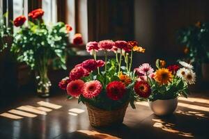 Blumen im ein Korb auf ein hölzern Boden. KI-generiert foto