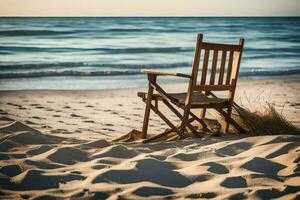 ein hölzern Stuhl sitzt auf das Strand beim Sonnenuntergang. KI-generiert foto