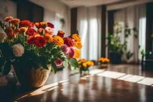 Blumen im ein Korb auf ein hölzern Boden. KI-generiert foto