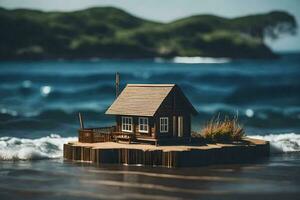 ein Miniatur Haus auf ein klein Insel im das Ozean. KI-generiert foto