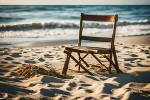 ein Stuhl sitzt auf das Sand beim das Strand. KI-generiert foto