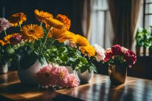 Blumen im Vasen auf ein Tisch. KI-generiert foto