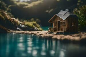 winzig Haus auf das Wasser durch das See. KI-generiert foto