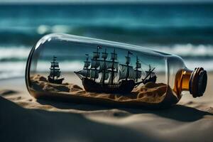 Schiff im ein Flasche auf das Strand. KI-generiert foto