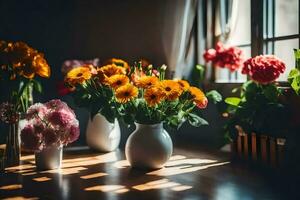 Blumen im Vasen auf ein Tisch. KI-generiert foto