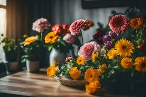 Blumen im ein Korb auf ein Tisch. KI-generiert foto