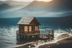 ein klein hölzern Haus auf das Ufer von ein See. KI-generiert foto