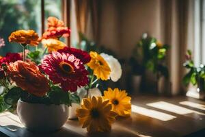 Blumen im ein Vase auf ein Tisch. KI-generiert foto