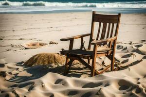 ein hölzern Stuhl sitzt auf das Sand beim das Strand. KI-generiert foto