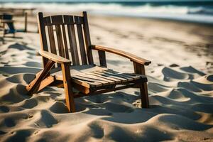 ein hölzern Stuhl sitzt auf das Strand in der Nähe von das Ozean. KI-generiert foto