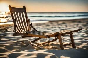 ein hölzern Stuhl sitzt auf das Strand beim Sonnenuntergang. KI-generiert foto