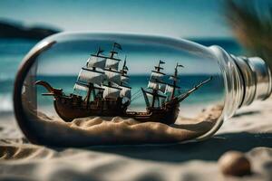 Schiff im ein Flasche, Sand, Strand, Sand, Sand, Strand, Sand, Strand,. KI-generiert foto