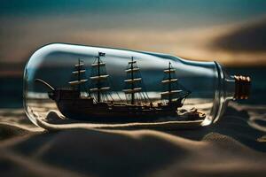 ein Schiff im ein Flasche auf das Strand. KI-generiert foto