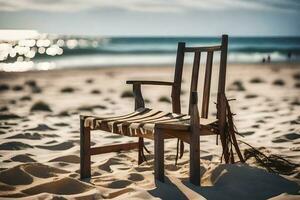 ein Stuhl sitzt auf das Strand im Vorderseite von das Ozean. KI-generiert foto