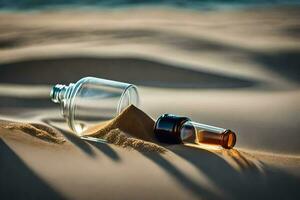 ein Flasche und Sand im das Wüste. KI-generiert foto