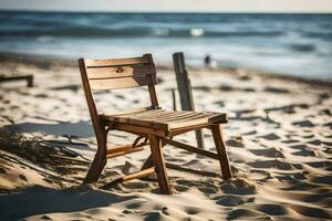 ein hölzern Stuhl sitzt auf das Strand in der Nähe von das Ozean. KI-generiert foto