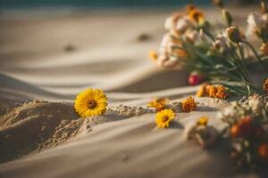 Foto Hintergrund Sand, Blumen, das Strand, das Meer, das Sand, das Strand, Blumen. KI-generiert