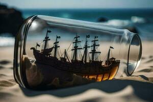 ein Schiff im ein Flasche auf das Strand. KI-generiert foto