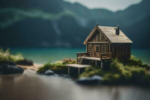 ein Miniatur Haus auf ein klein Insel durch das Wasser. KI-generiert foto