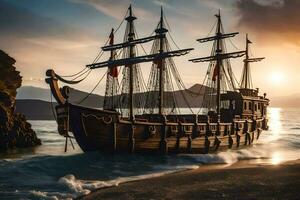 ein Pirat Schiff ist angedockt auf das Strand beim Sonnenuntergang. KI-generiert foto