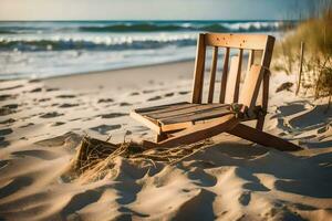 ein hölzern Stuhl sitzt auf das Sand in der Nähe von das Ozean. KI-generiert foto