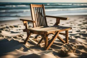 ein hölzern Stuhl sitzt auf das Strand in der Nähe von das Ozean. KI-generiert foto