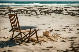ein Stuhl und Eimer auf das Strand. KI-generiert foto