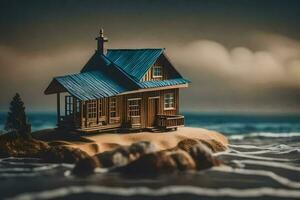 ein Miniatur Haus auf ein Insel im das Ozean. KI-generiert foto