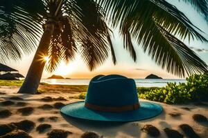 ein Hut auf das Strand beim Sonnenuntergang. KI-generiert foto