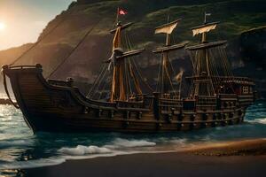 ein Pirat Schiff ist auf das Strand in der Nähe von das Ozean. KI-generiert foto