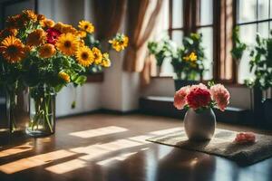 Blumen im ein Vase auf ein hölzern Boden. KI-generiert foto