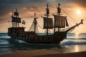 Pirat Schiff Segeln auf das Ozean beim Sonnenuntergang. KI-generiert foto