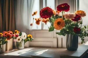 Blumen im Vasen auf ein Tabelle in der Nähe von ein Fenster. KI-generiert foto