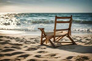 ein hölzern Stuhl sitzt auf das Strand beim Sonnenuntergang. KI-generiert foto