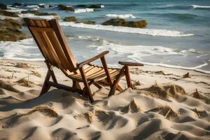 ein Strand Stuhl sitzt auf das Sand in der Nähe von das Ozean. KI-generiert foto