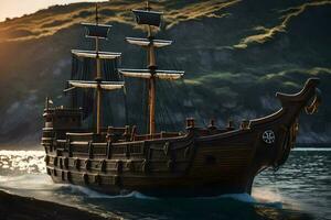 ein Pirat Schiff ist Segeln auf das Wasser. KI-generiert foto