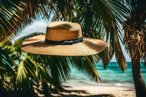 ein Hut ist hängend von ein Palme Baum auf das Strand. KI-generiert foto