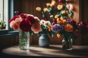 Blumen im Vasen auf ein Tisch. KI-generiert foto