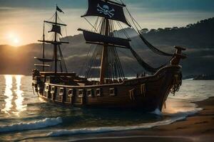 ein Pirat Schiff ist auf das Strand beim Sonnenuntergang. KI-generiert foto